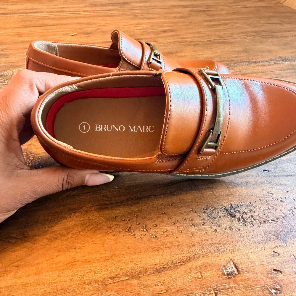 Bruno Marc‎ Kids Tan Faux Leather Loafers Dress Shoes Size 1 Boys Formal - Picture 5 of 8